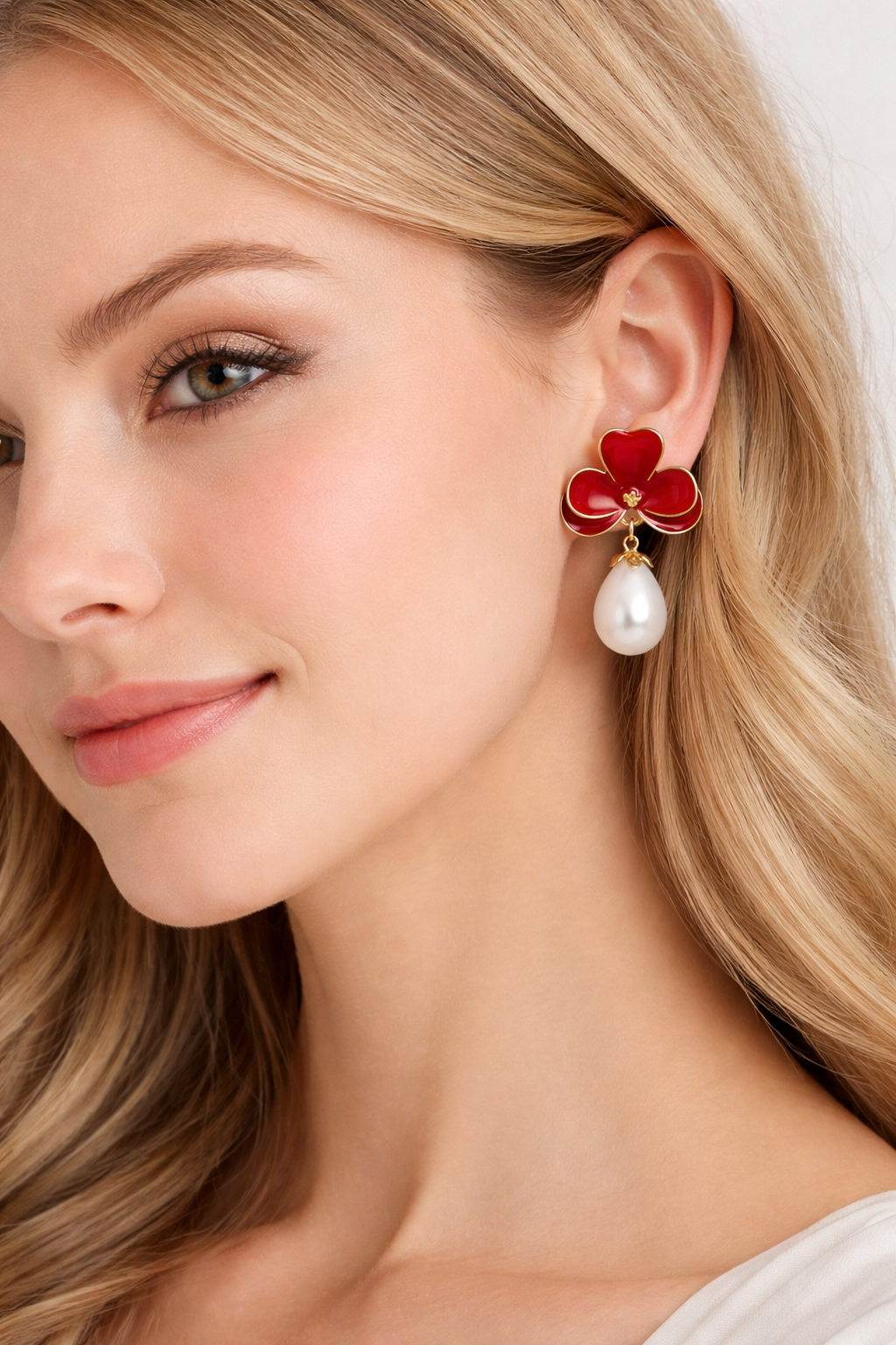 Floral Enamel Pearl Drop Earrings - Elegant Botanical Statement Jewelry