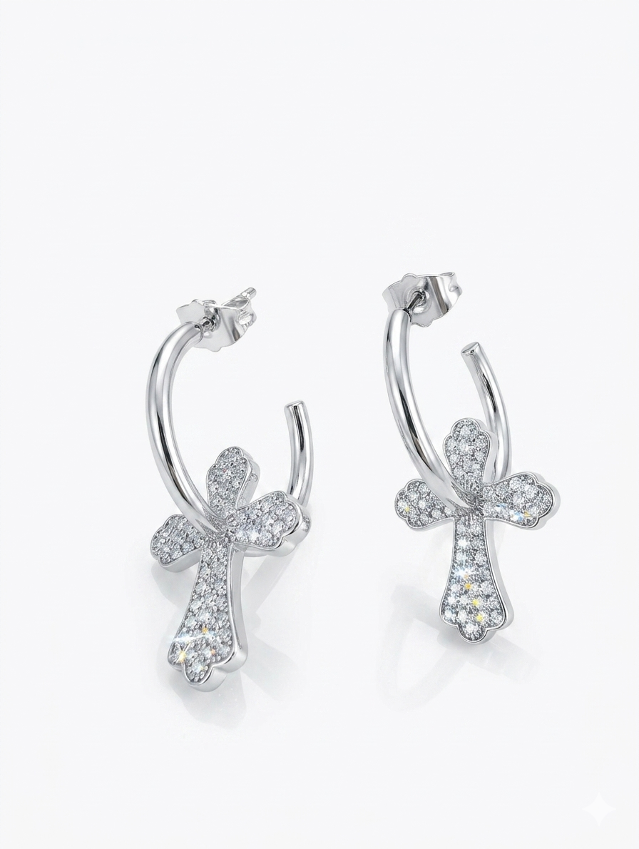 Dainty Iced-Out Cross Charm Hoop Earrings – 14K Gold & Silver Plated Premium Quality Statement Jewelry
