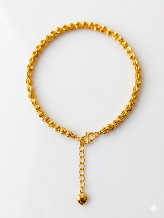 24K Gold Plated Diamond-Cut Bead Bracelet with Heart Charm Extender
