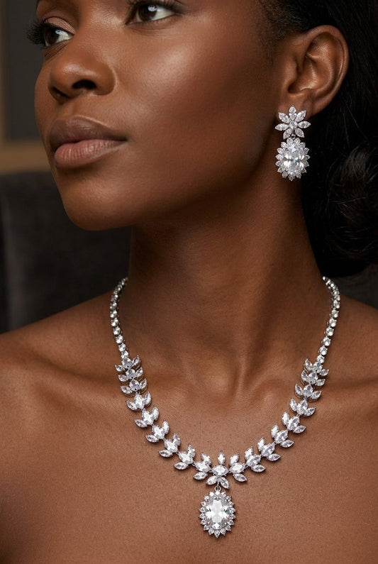 Elegant V-Shape Leaf Jewelry Set - Brilliant Marquise Cubic Zirconia Necklace & Drop Earrings - Silver Tone Bridal / Wedding / Gala Set