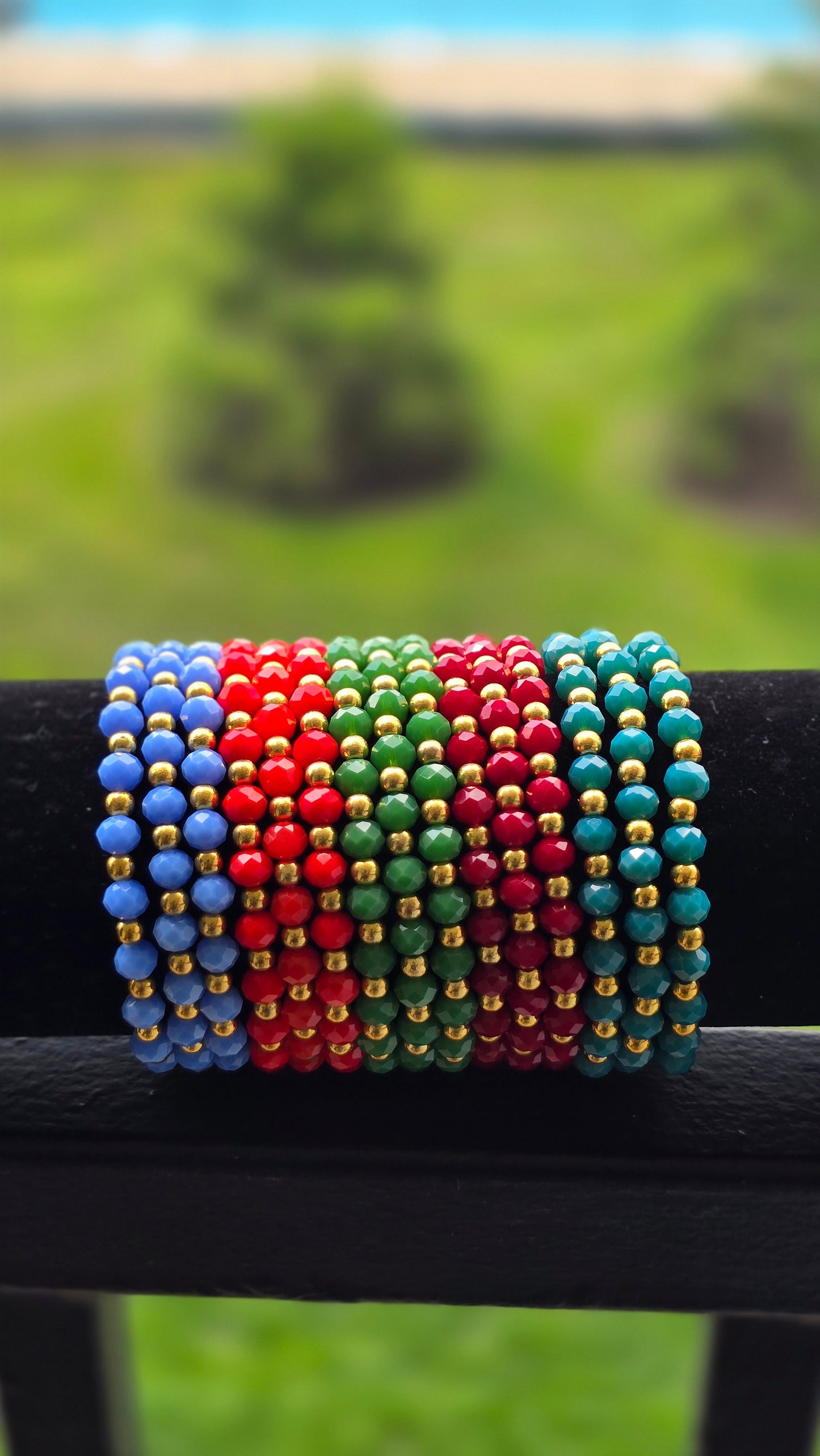 Multicolor Beaded Elastic Bracelet Set – Vibrant Rainbow Stackable Bracelets with Gold Accents