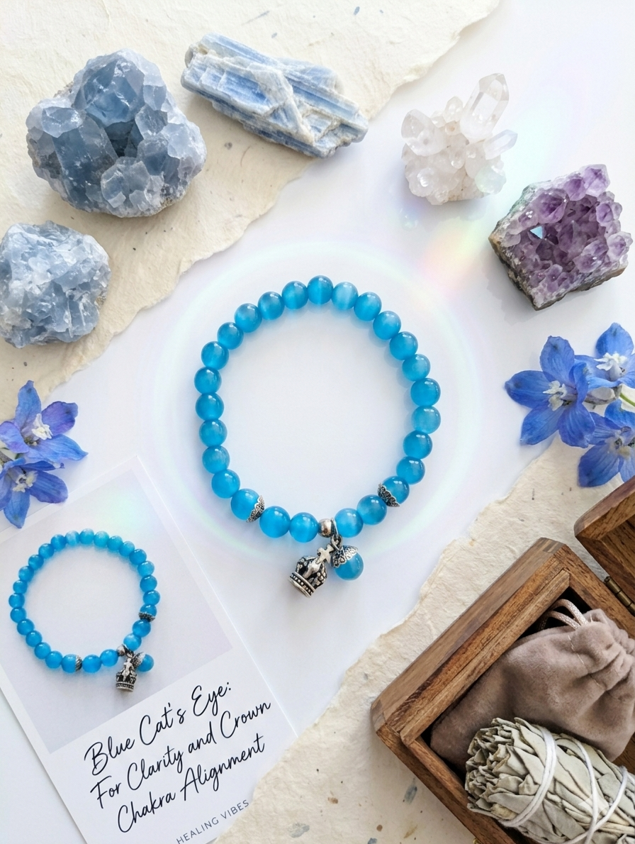 Vibrant Cat's Eye Crystal Bracelet – Healing Stone Elastic Beaded Bracelet with Silver Crown & Dangle Charm