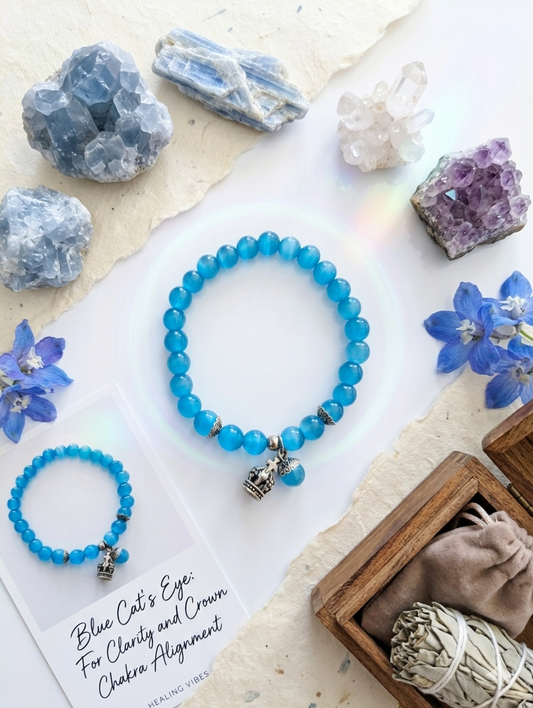 Vibrant Cat's Eye Crystal Bracelet – Healing Stone Elastic Beaded Bracelet with Silver Crown & Dangle Charm