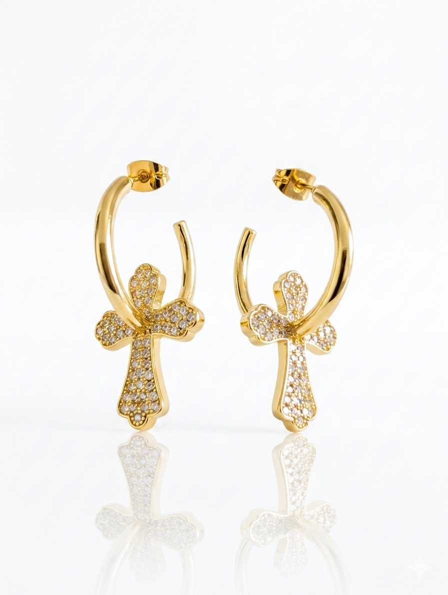 Dainty Iced-Out Cross Charm Hoop Earrings – 14K Gold & Silver Plated Premium Quality Statement Jewelry