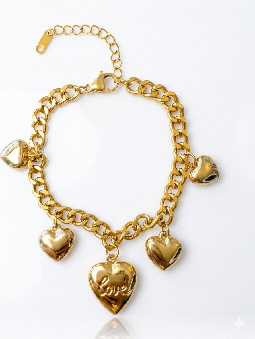 18K Gold Plated Heart Charm Locket Bracelet – Chunky Curb Chain with Five Polished Heart Pendants