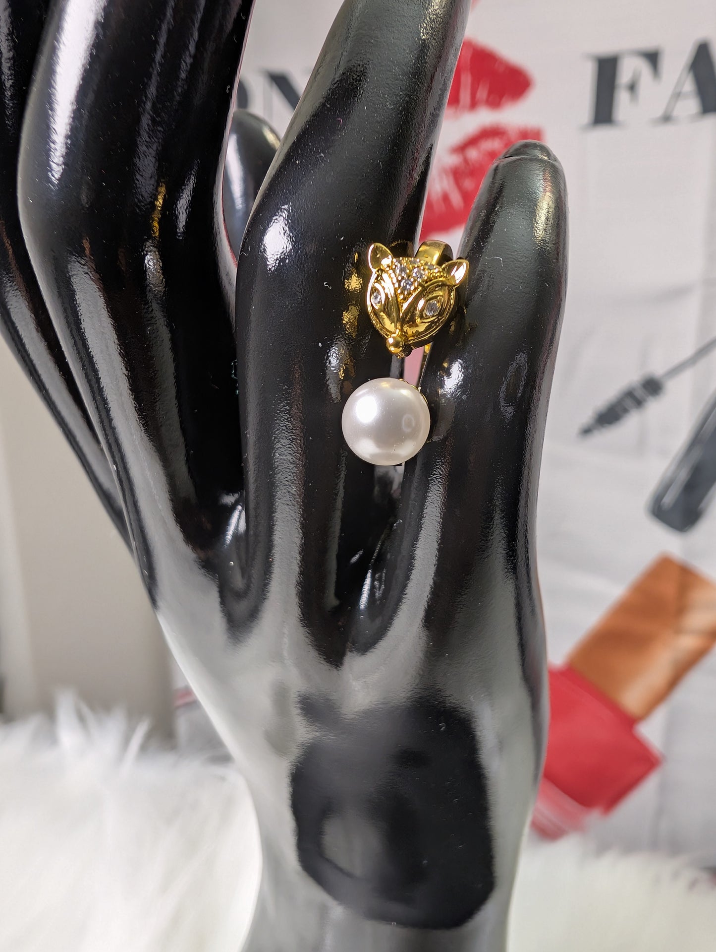 Gold Fox Head Ring with Pave Crystals and Pearl | Animal Motif Jewelry