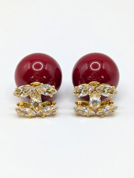 Elegant Double-Sided Pearl & Crystal Logo Stud Earrings – Reversible Front & Back Design – Red Pearl Statement Earrings for Women