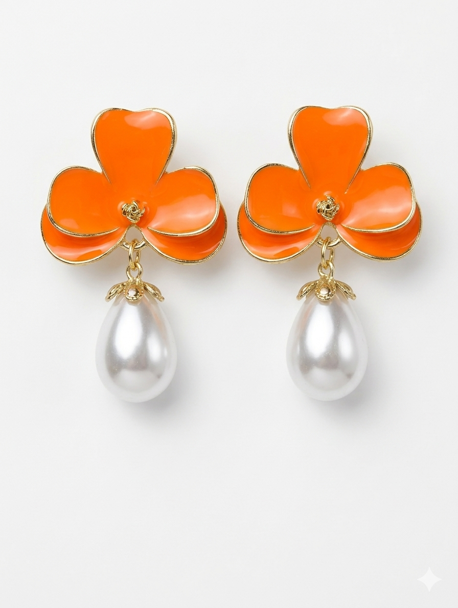 Floral Enamel Pearl Drop Earrings - Elegant Botanical Statement Jewelry