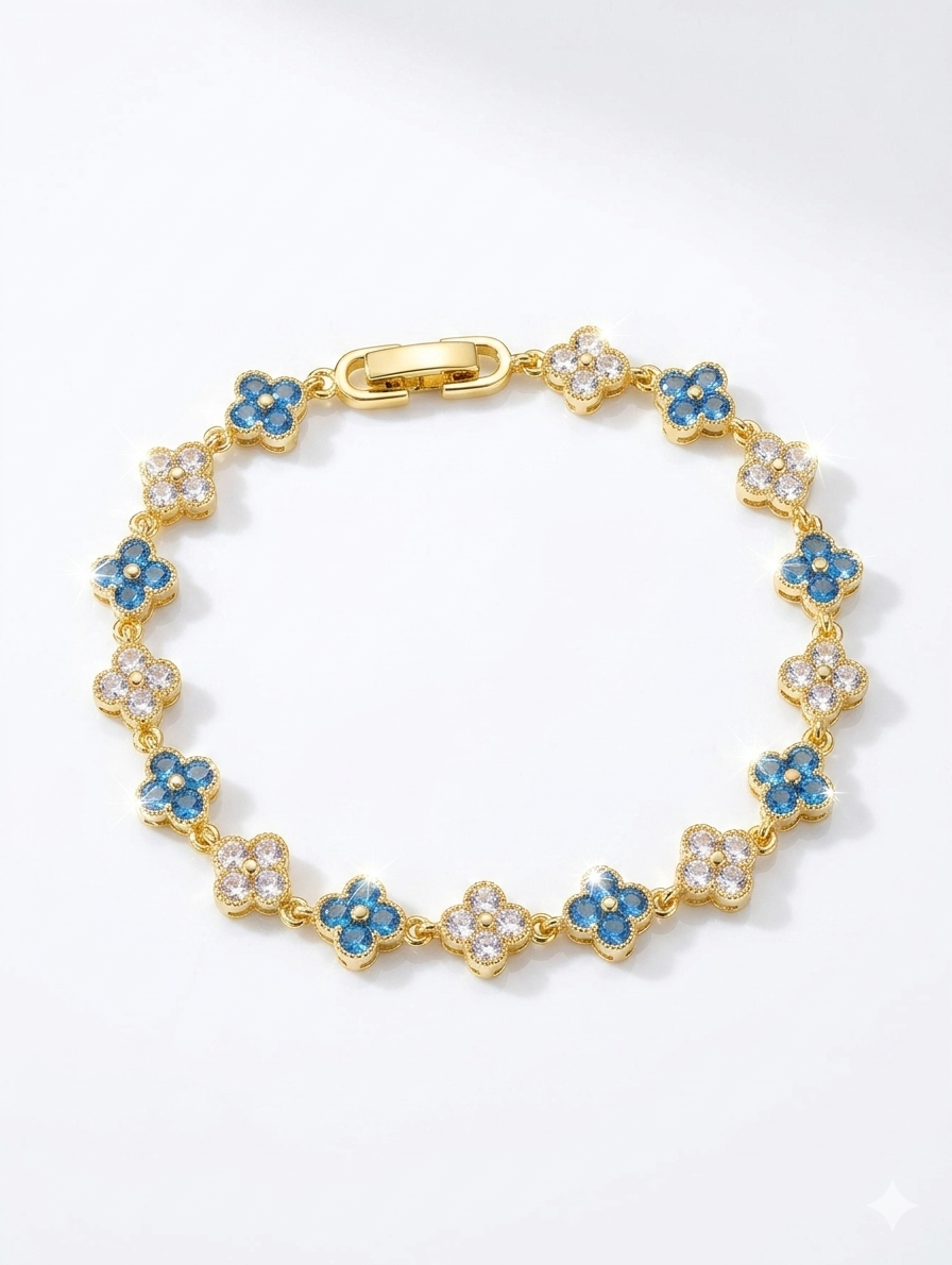 Dainty Lavender Clover Blossom Bracelet – 14K Gold Plated Sparkling Crystal Floral Link Bracelet