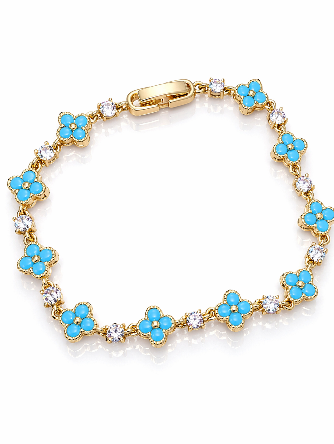 Elegant Clover Floral Crystal Bracelet – Gold-Plated Sparkling Gemstone Link Bracelet