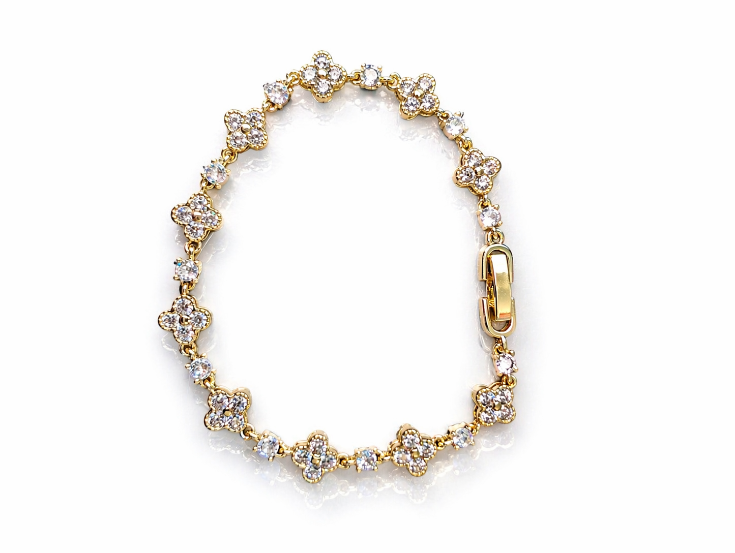 Elegant Clover Floral Crystal Bracelet – Gold-Plated Sparkling Gemstone Link Bracelet