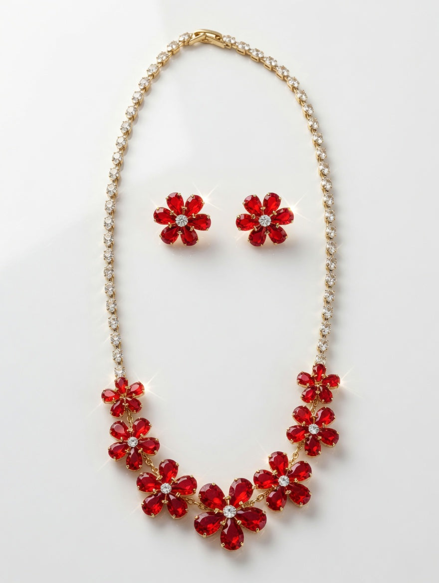 Bold Red Rhinestone Flower Necklace Earrings Set Crystal Floral Choker Bridal Prom Jewelry