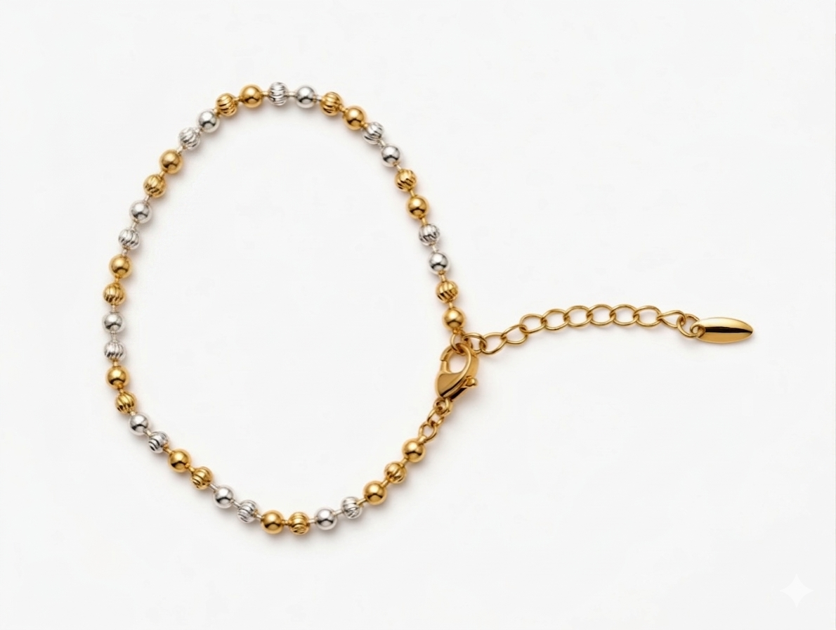 24K Gold Plated Two-Tone Diamond-Cut Bead Bracelet with Adjustable Extender