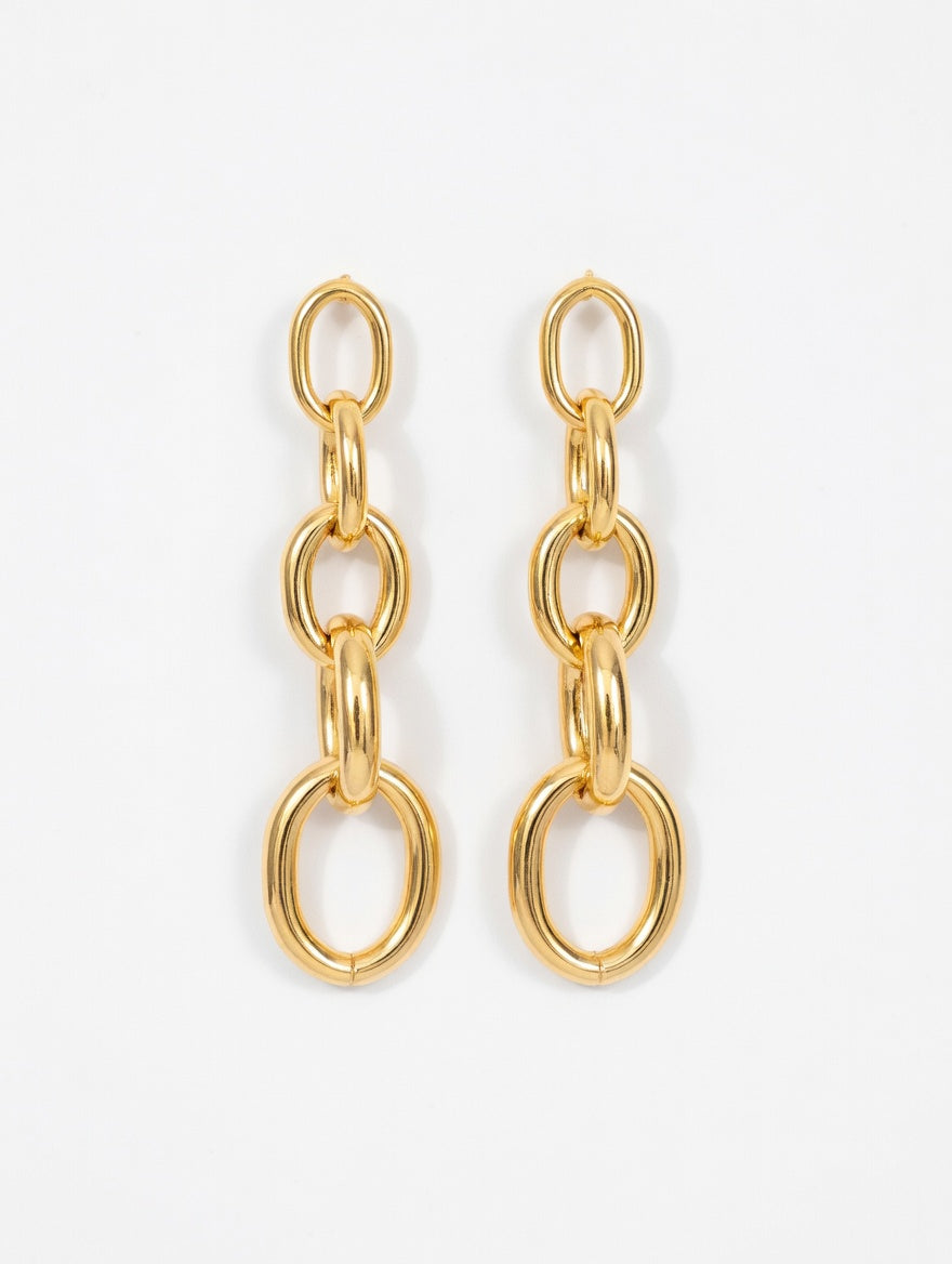 21K Gold Plated Large Gold Link Chain Drop Earrings