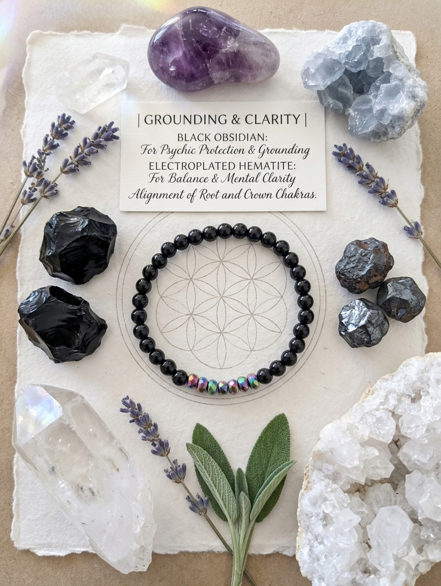 Grounding & Clarity Energy Bracelet – Deep Protecting Black Obsidian & Iridescent Rainbow Hematite Accent Beads Combo