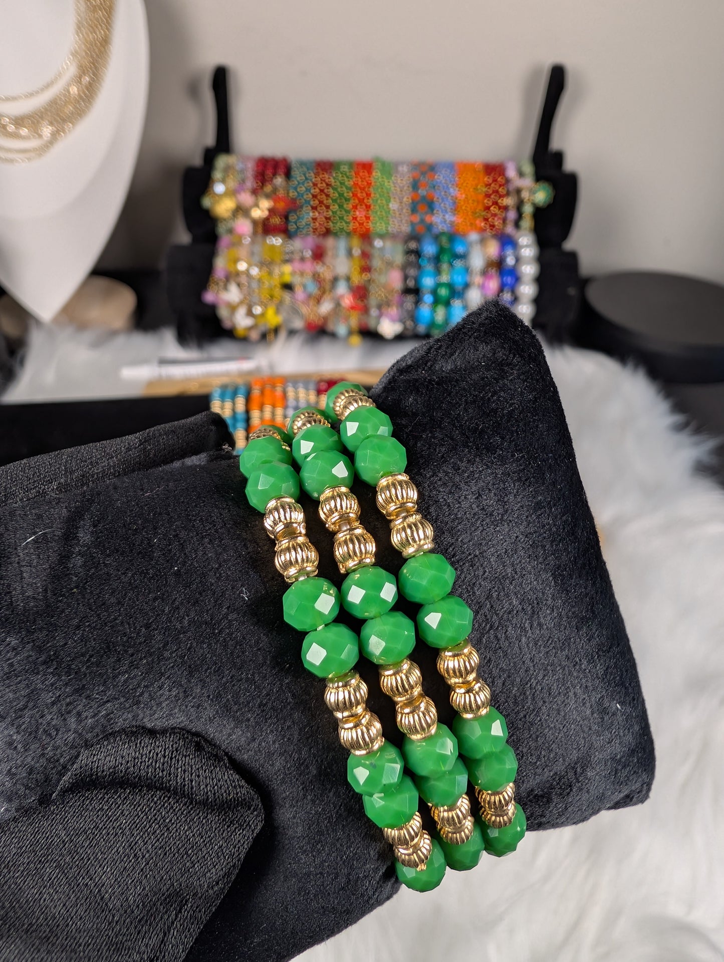 3 IN 1 Colorful Crystal Beaded Stretch Bracelet Set for Women – Gold Accent Stackable Bracelets, Fashion Jewelry Gift