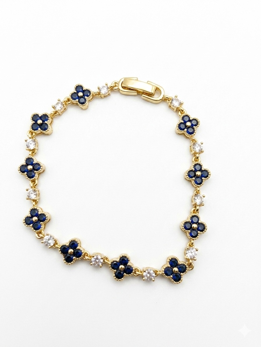Elegant Clover Floral Crystal Bracelet – Gold-Plated Sparkling Gemstone Link Bracelet