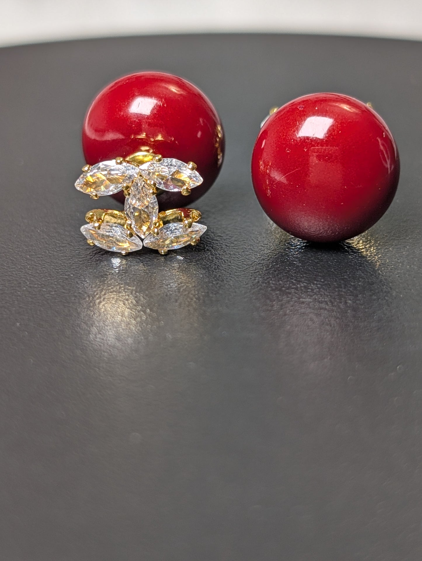 Elegant Double-Sided Pearl & Crystal Logo Stud Earrings – Reversible Front & Back Design – Red Pearl Statement Earrings for Women