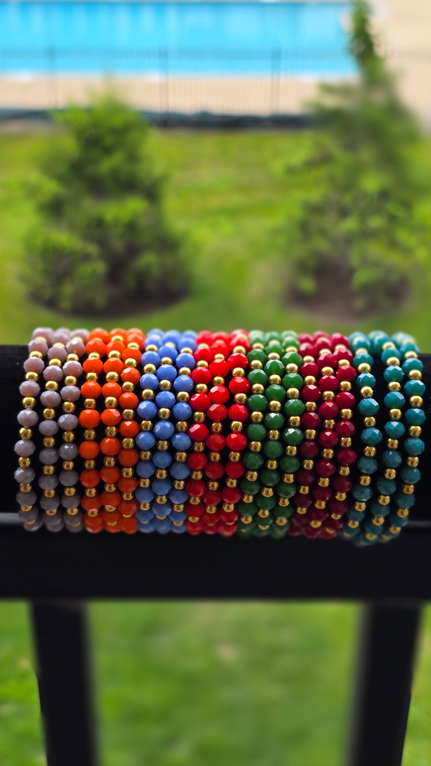 Multicolor Beaded Elastic Bracelet Set – Vibrant Rainbow Stackable Bracelets with Gold Accents