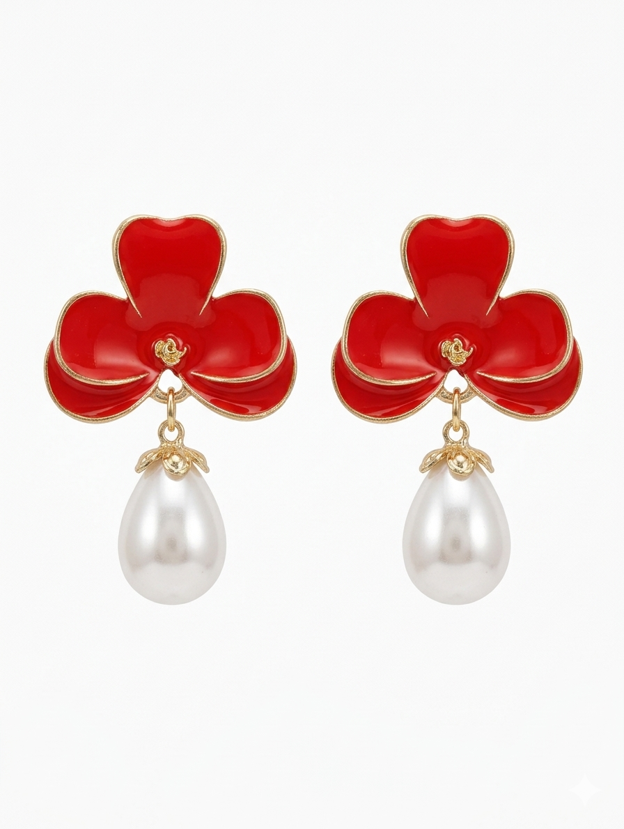 Floral Enamel Pearl Drop Earrings - Elegant Botanical Statement Jewelry
