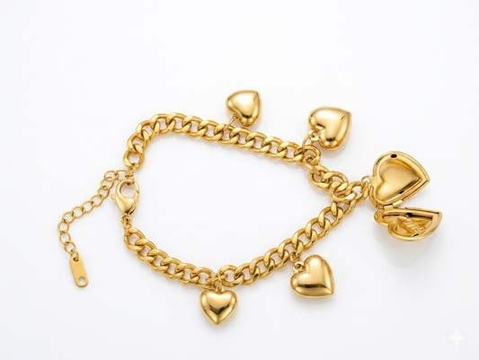 18K Gold Plated Heart Charm Locket Bracelet – Chunky Curb Chain with Five Polished Heart Pendants