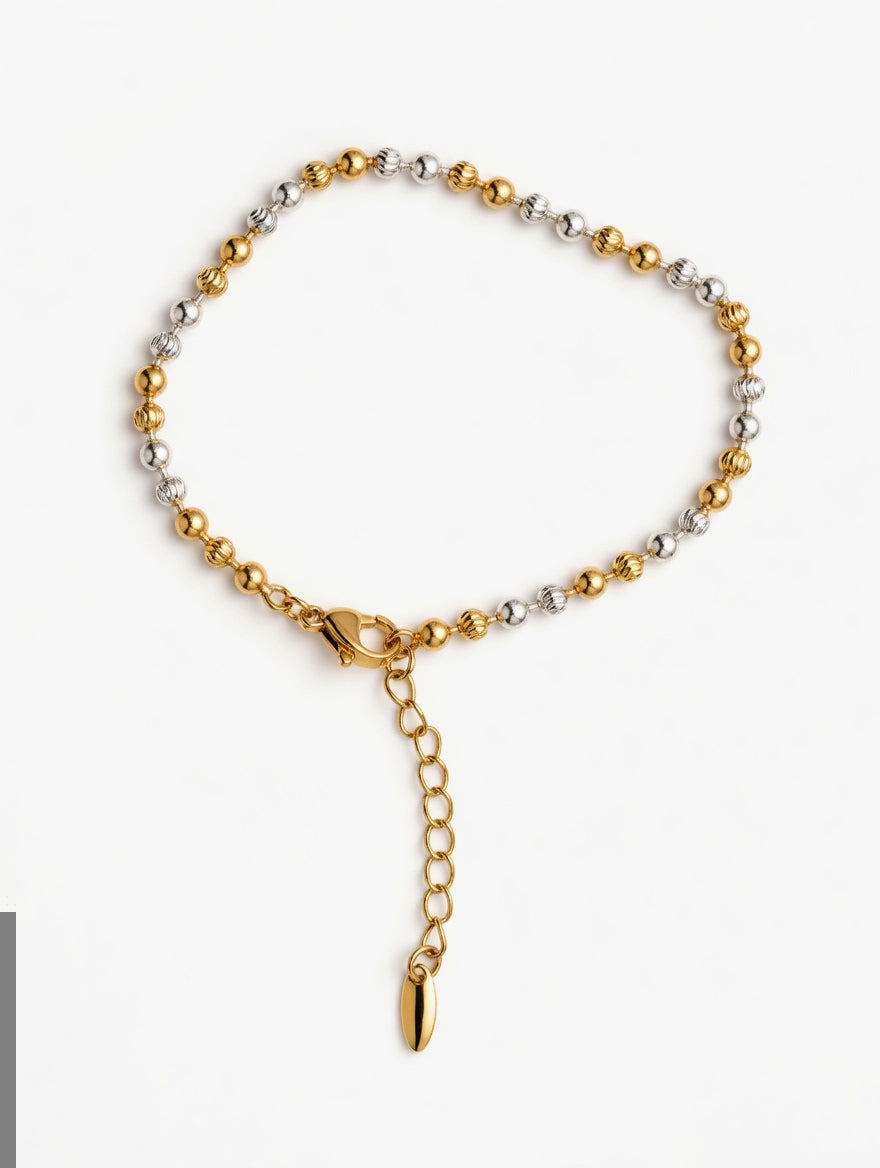 24K Gold Plated Two-Tone Diamond-Cut Bead Bracelet with Adjustable Extender