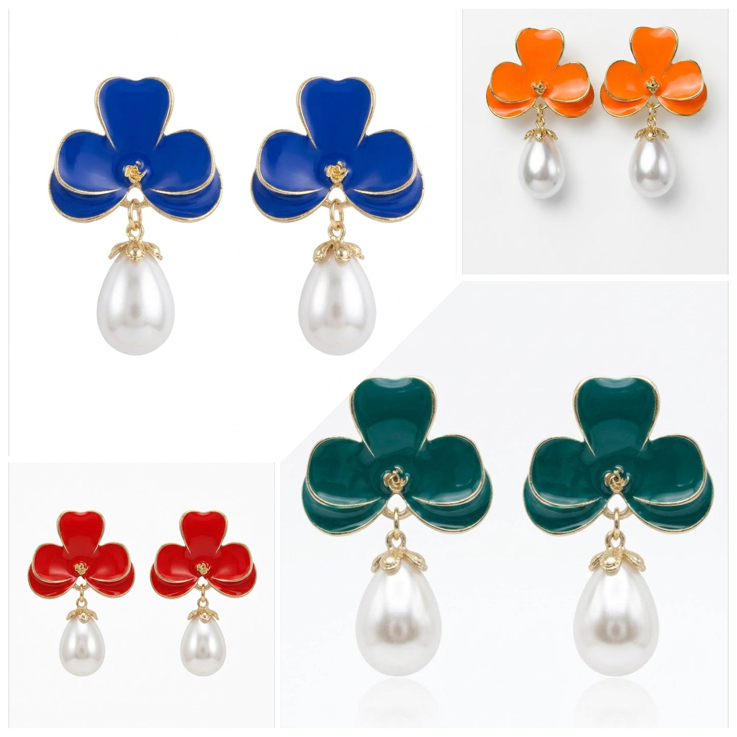 Floral Enamel Pearl Drop Earrings - Elegant Botanical Statement Jewelry