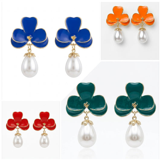 Floral Enamel Pearl Drop Earrings - Elegant Botanical Statement Jewelry