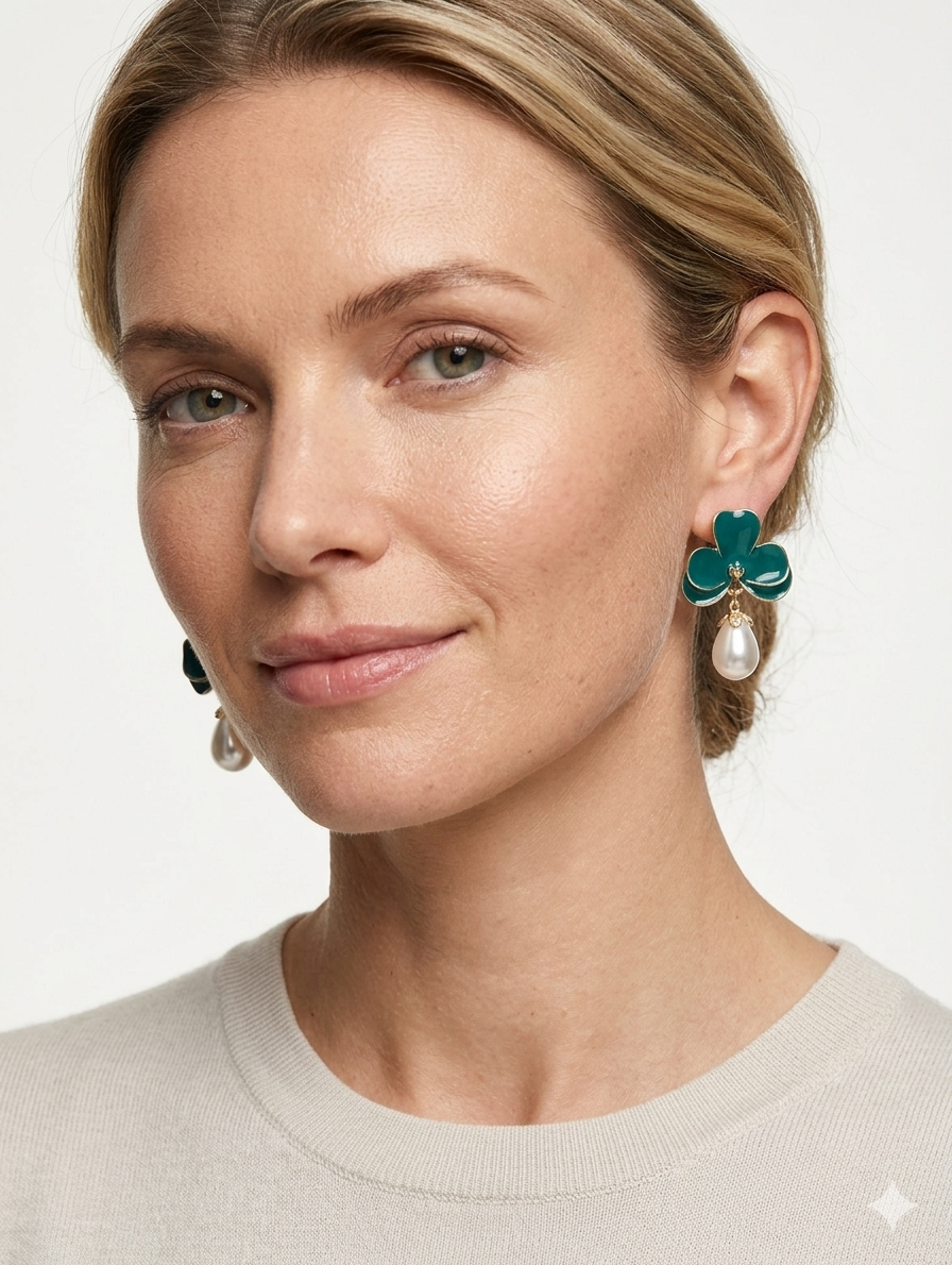 Floral Enamel Pearl Drop Earrings - Elegant Botanical Statement Jewelry