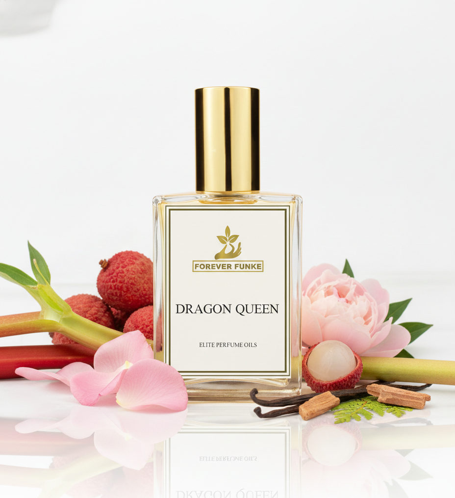 Perfume bottle labeled 'Dragon Queen' by Forever Funke with floral and fruit elements on a white background